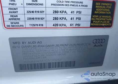 2012 Audi A3 2.0T Premium from USA, damaged, VIN WAUKEAFM7CA133053